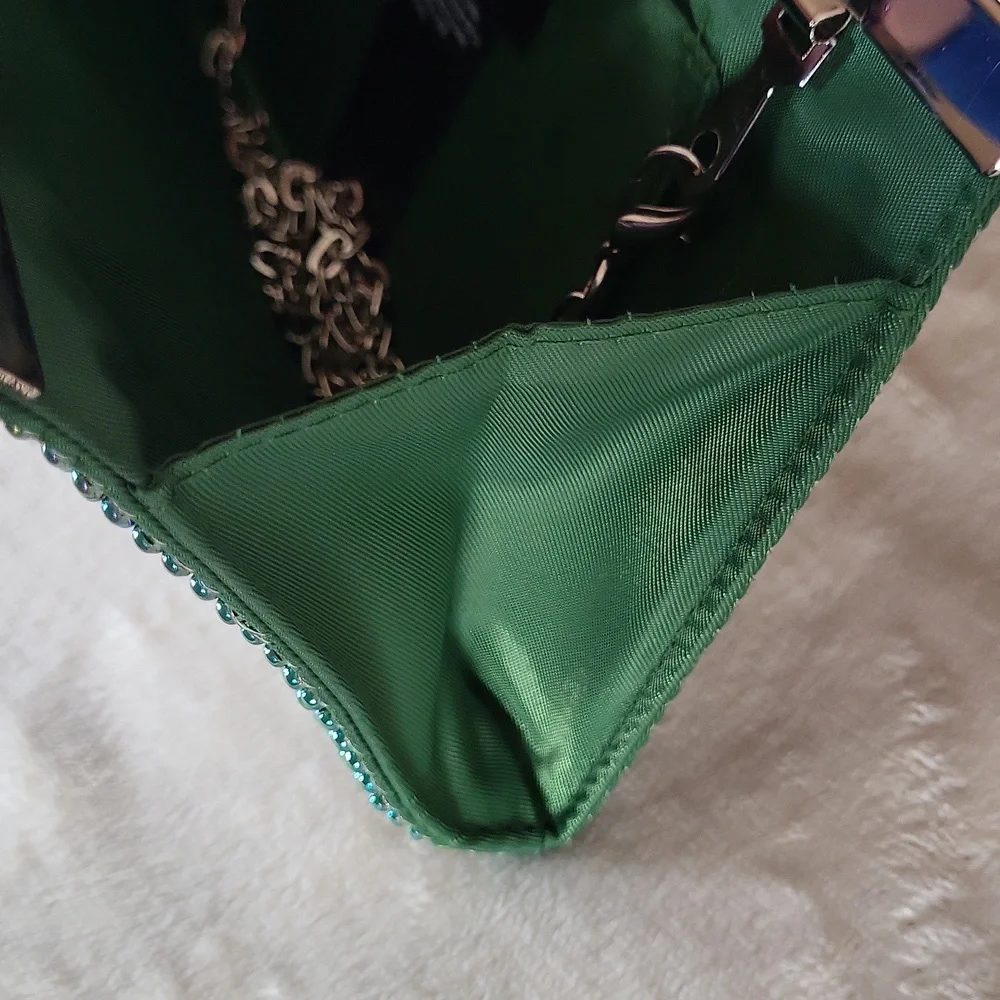 bebe Green Crystal Mesh Clutch
